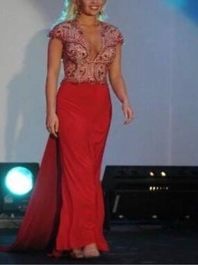 Sherri Hill Red Beaded V-Neck Evening Gown